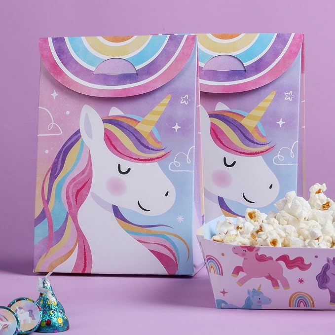 Big Dot of Happiness Unicorn Favor Boxes, Rainbow Happy Birthday Decorations, Magical Unicorn Party Goodie Gift Bags - Set of 12