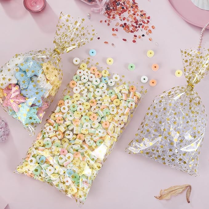 50 Pcs 12"x16" Clear Cellophane Treat Bags with 50 Twist Ties, Gold Cellophane Gift Bags, for Cookies, Candy, Bakery, Birthday, Wedding, Valentine's Day, Baby Shower & Holiday Party Favors