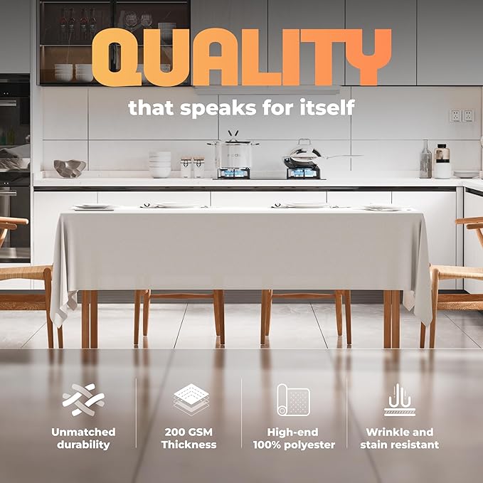 WEALUXE White Table Cloth for 8 Foot Rectangle Tables, 60x126 inches, Water, Stain and Wrinkle Resistant, 200 GSM Washable Poly Fabric Tablecloth Rectangular, Elegant and Durable
