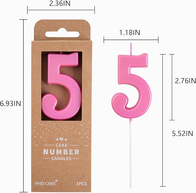 PHD CAKE 2.76 Inch Modern Pink 5 Number Birthday Candles, Pink Number Candles, Cake Number Candles, Party Celebration