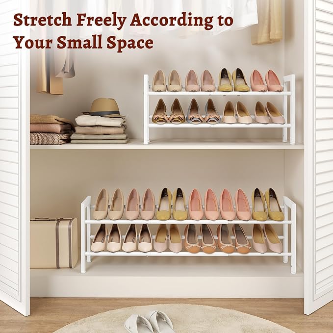 FAVOOSTY 2-Tier Expandable Shoe Rack, Adjustable Shoe Shelf Storage Organizer Space Saving Metal Free Standing Shoe Rack for Entryway Closet Doorway, White