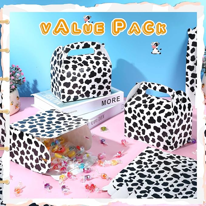 Epakh 24 Pack Cow Party Favor Treat Boxes Candy Treat Present Boxes Cow Print Gift Bags Farm Goodie Boxes for Birthday Wedding Party Supplies Decoration Baby Shower
