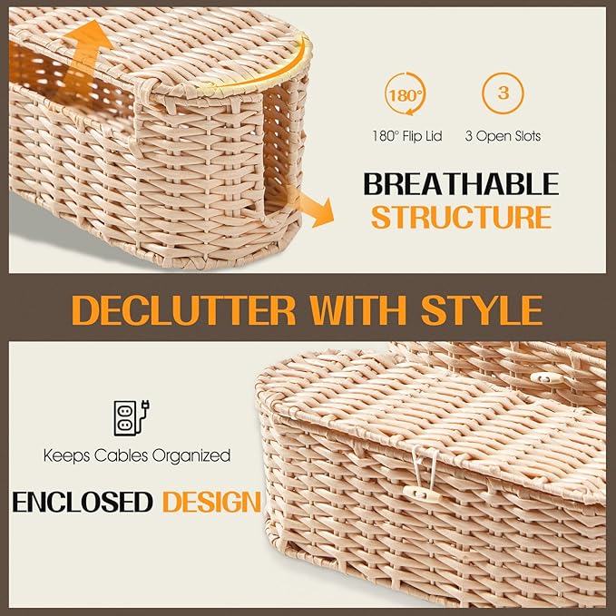 FairyHaus Cable Management Box 2Pack Cream, Handwoven Large and Small Cable Organizer Box Cover to Hide Cords and Power Strip, Imitation Wicker Cord Organizer Box Hider for Office Desk and Floor