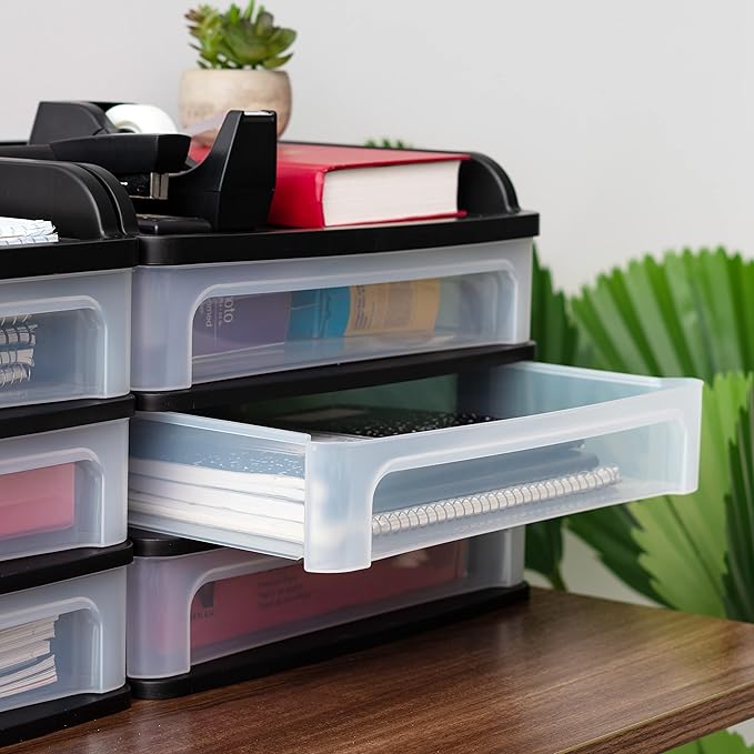 IRIS USA Plastic Desk Top 3-Drawer Storage Organizer with Paper Tray Top, 1-Pack, for Makeup Vanity Nail Polish Bathroom Stationery Art Craft Supplies Kitchen Office Garage Organization, Medium, Black
