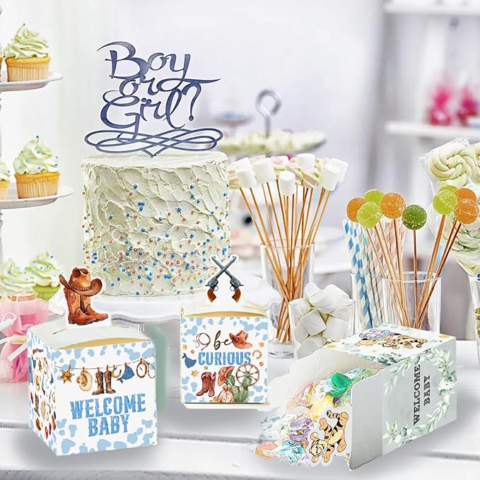 QZCYU 24 Pcs Western Baby Shower Decorations, Blue Brown Cowboy Wild West Party Favors Gift Boxes Baby Shower Boxes Small Treat Decor Boxes for Candy Gift Favors(2.4 * 2.4 * 2.5inches)