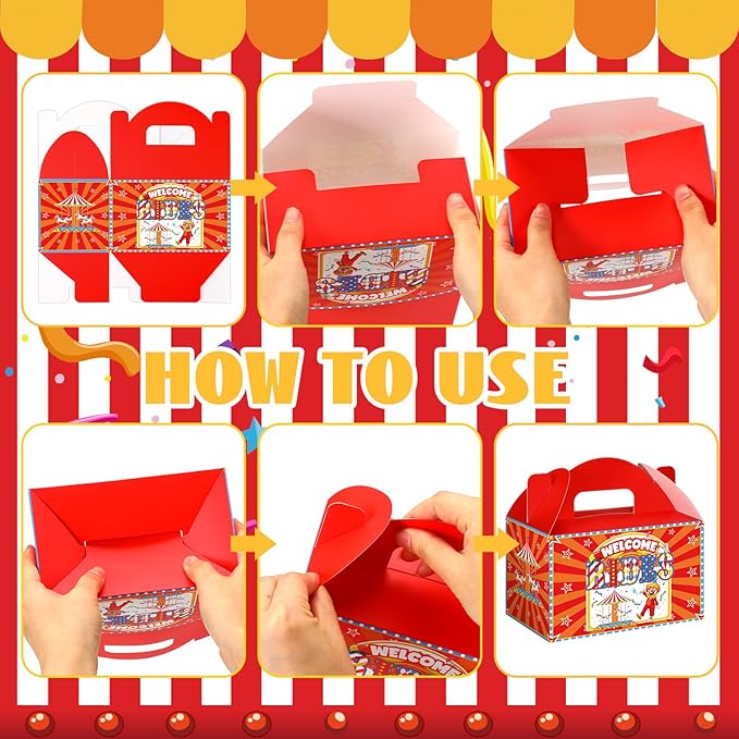 Dunzoom 24 Pcs Carnival Party Favors Carnival Decorations Boxes Goodie Candy Treat Gift Boxes with Handles Circus Candy Containers for Party Decorations Birthday Gift Wrapping