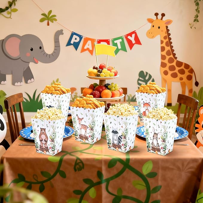 LaVenty 12 PCS Woodland Animals Forest Popcorn Boxes Favor Treat Candy Goodies Bags for Bear Fox Deer Birthday Party Supplies