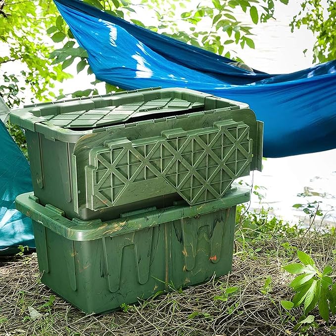 HOMZ 2-Pack Durabilt Tote, Heavy Duty Plastic Storage Bins with Lids, 15 Gallon, Green Camo - Stackable Organizing Containers for Home, Garage, and Office