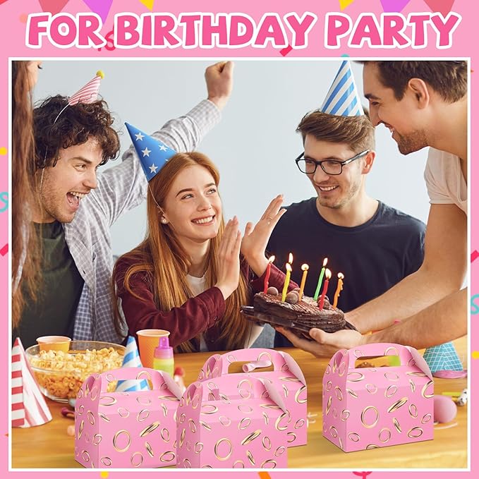 Marspark 24 Pack Pink with Gold Ring Party Favor Treat Boxes with Handles Themed Goodie Candy Gift Boxes for Birthday Party Decoration Video Game Supplies