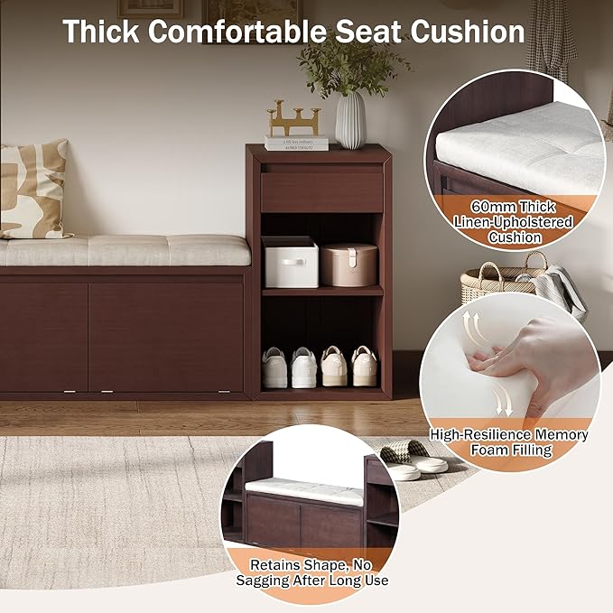 Merax All-in-One Shoe Storage Bench with Cushion & Flip Compartments, Entryway Bench with Drawers and Open Shelves, Solid Wood Storage Bench for Mudroom Hallway Living Room, Espresso