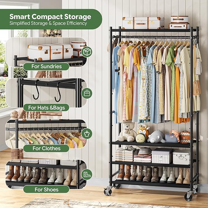 Ekisemio Heavy Duty Clothes Rack, 4 Tier Freestanding Garment Rack for Hanging Clothes with Shelves, Max Load 450 LBS, Rolling Clothing Racks for Bedroom Laundry, Black