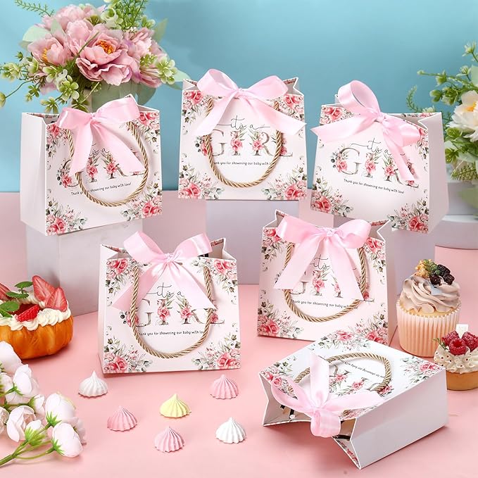 Spakon 25 Sets Its a Girl Baby Shower Party Favor Bags for Girls Floral Gift Bags with Handle and Ribbon Bow for Gender Reveal Birthday Party Decorations Supplies