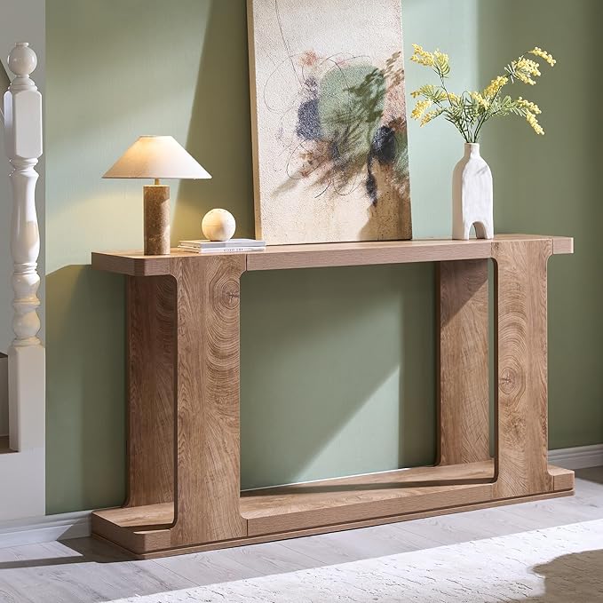 OKD 63 Inch Modern Entryway Console Table, 2-Tier Long Sofa Table Behind Couch with Curved Edge, Wood Farmhouse Narrow Entry Table for Hallway, Living Room, Foyer, Entrance, Light Tree Knot