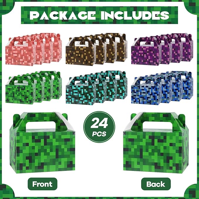 MinFyberd Pixel Party Favors Gift Boxes Video Game Themed Paper Goodie Candy Boxes Pixel Video Game Party Supplies for Boys Girls Gamer Pixelated Birthday Baby Shower Decoration Supplies 24pcs
