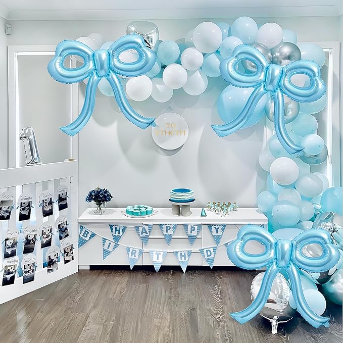 4 Pcs Blue Bow Balloons Bow Birthday Party Decorations for Girl Women Bow Decor Blue Birthday Decorations Giant Light Blue Balloons for Baby Shower Bridal Bachelorette Party Supplies