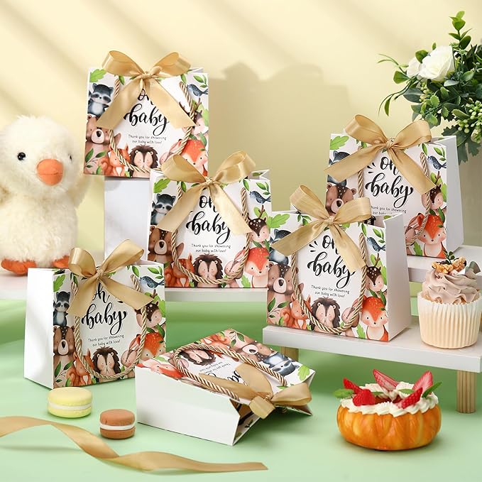 Spakon 25 Sets Woodland Baby Shower Favors Bags Oh Baby Gift Bags with Handle and Bow Ribbon for Newborn Gender Reveal Birthday Party Supplies