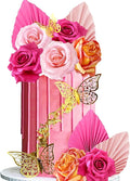 Boho Cake Topper Flower Palm Leaves Cake Decorations for Bohemian Wedding Baby Shower Birthday Party Supplies (Hot Pink)