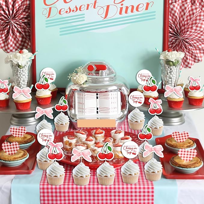 36Pcs She's the Cherry on Top Cupcake Toppers Cherry on Top Baby Shower Cupcake Topper Cherry Bachelorette Cake Decor Summer Cherry Dessert Decor for Girls Women Bachelorette Birthday Baby Shower