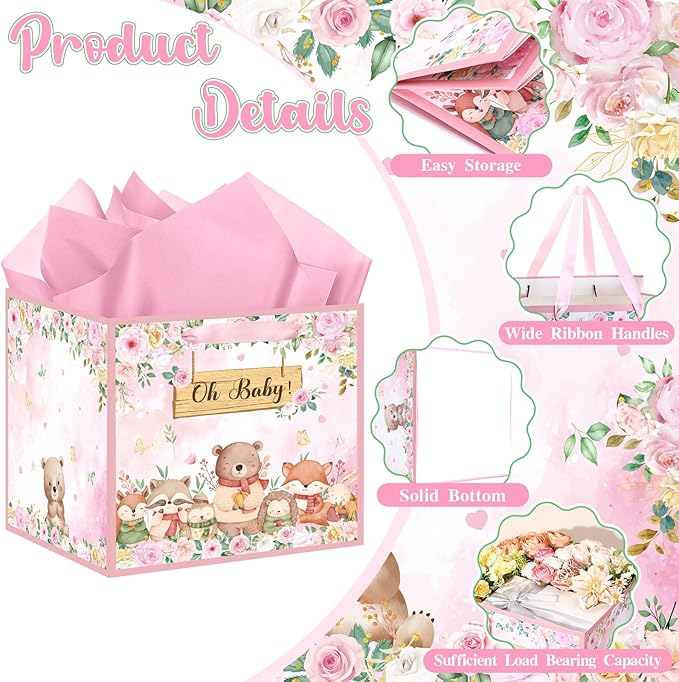 Extra Large Woodland Animal Baby Gift Bags for Girls, Pink Floral Woodland Square Gift Bag with Tissue Papers Jumbo Forest Animal Present Bag for New Baby Girls Gender Reveal Party Favors, 12*12 Inch