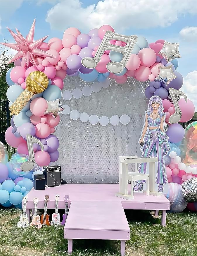 Pink Purple Blue Balloon Garland Arch Kit, Pastel Balloons with Microphone, Music Notes & Star Foil Balloons for Girls Birthday, Karaoke, Pop Music Theme Party Decorations