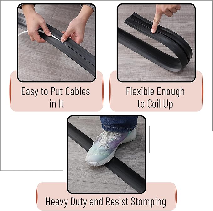 Bates- Floor Cord Cover, 6ft, Cable Cavity 0.6" (W) x 0.31" (H), Heavy Duty Wire Protector, PVC Extension Cords Hider, Protect Cords, Prevent Cable Trips, Cord Hider for Office, Home, Outdoor