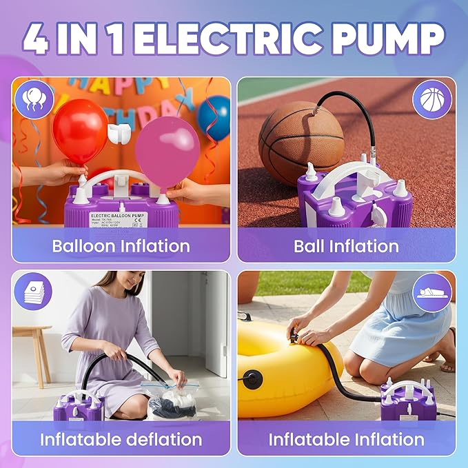 4-in-1 Balloon Pump Electric - Triple-Port 600W Air Pump for Balloons Latex, Foil Mylar Balloon, 260Q | Inflatables & Sports Balls | Portable Electric Balloon Pump with Hose, Nozzles & Ball Needles
