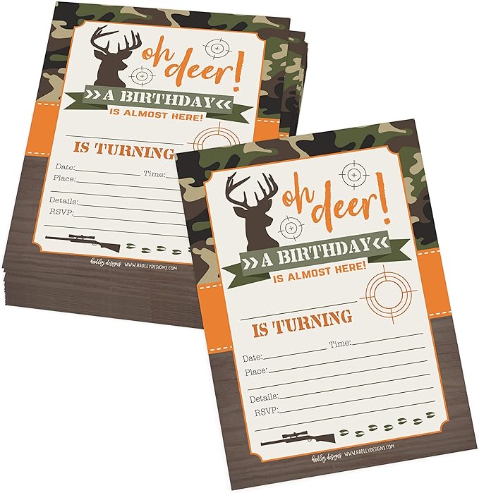 Hadley Designs Kids Birthday Invitations For Boys Camo Theme - 25 Deer Hunting Birthday Party Invitations For Boys, Camouflage Oh Deer Invites For Boy, Cute Hunting Party Supplies, Made In USA