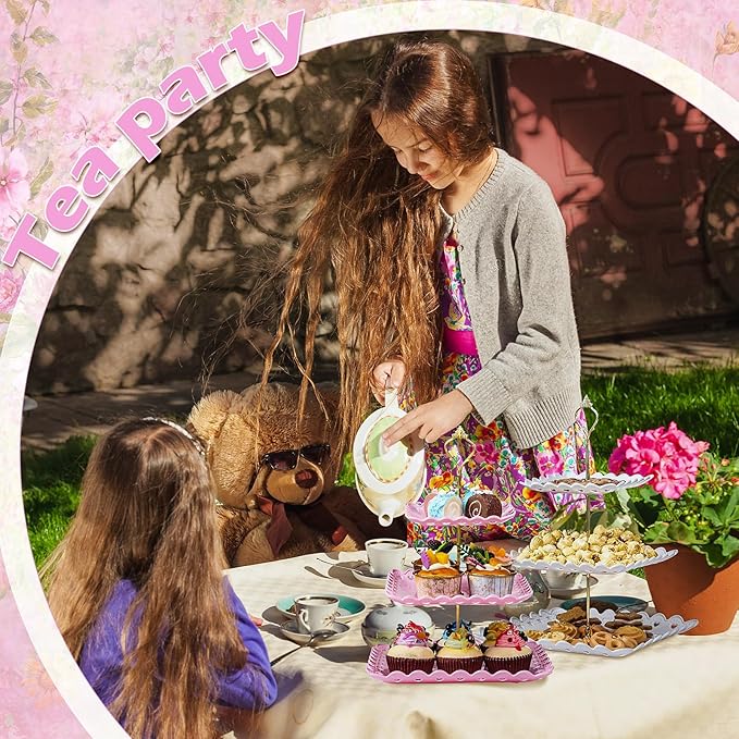 6 Sets Tea Party Decorations of 3 Tier Plastic Cupcake Stand Dessert Plates Cake Fruit Candy Display Tower for Wedding Birthday Baby Shower Tea Party Decorations(Square)