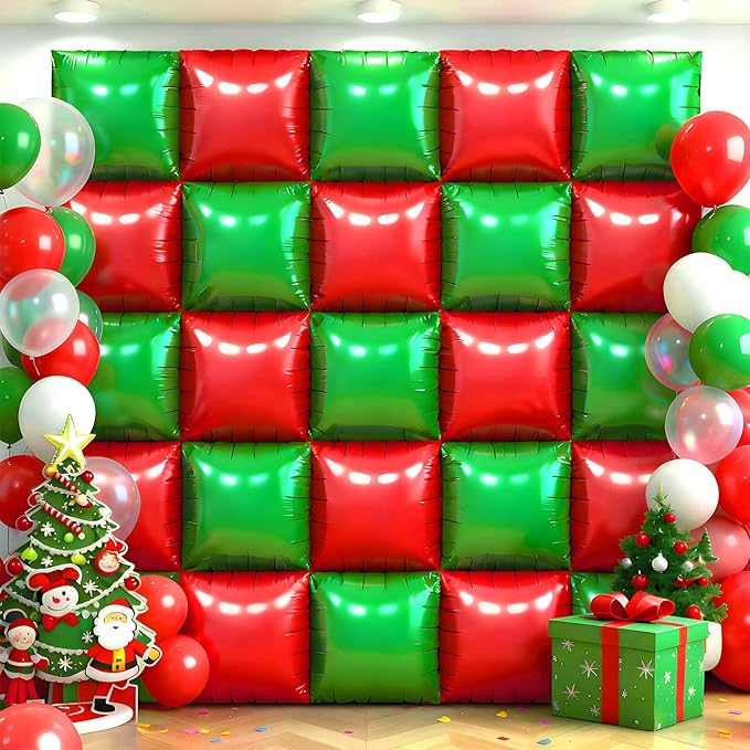 36Pcs Red and Green Square Foil Balloons Wall Backdrop, Double Sided Metallic Foil Balloons Tunnel Arch Garland Kit for Photo Booth Birthday Wedding Halloween Christmas Party Decorations