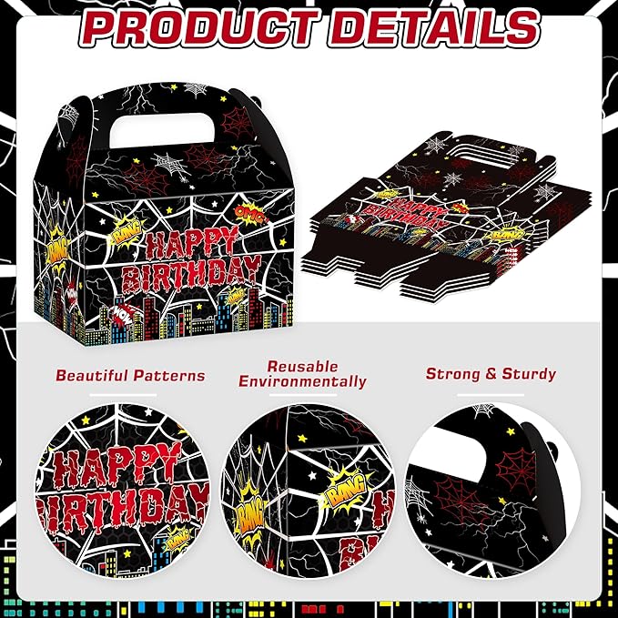 KMZFPYJ Black Spider Web Birthday Party Supplies, 20-Pack Party Favor Boxes for Kids Birthday, Double Sided Printed,Kraft Candy Treat Goodie Boxes For Party Baby Shower Decorations Supplies