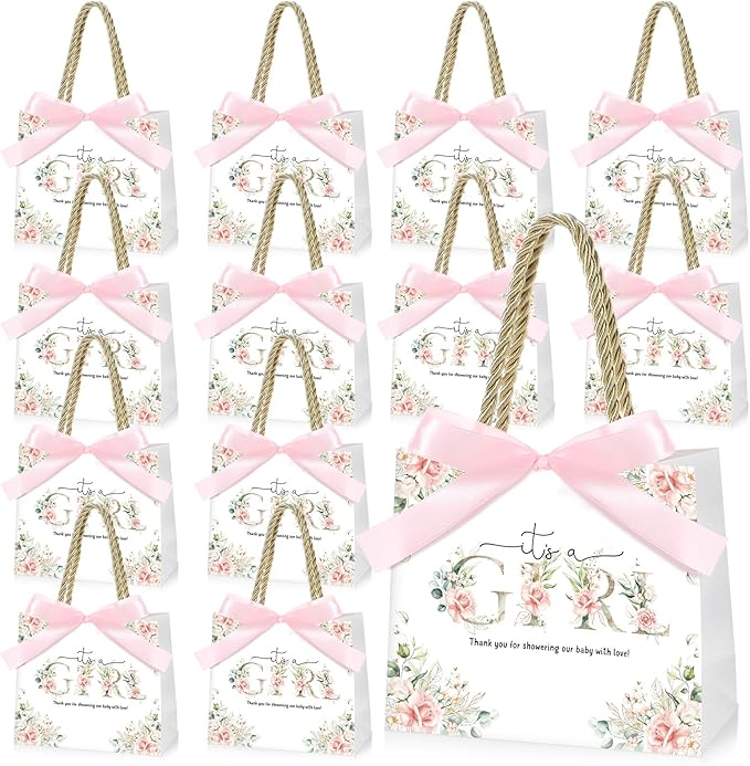 Spakon 25 Sets Its a Girl Baby Shower Party Favor Bags for Girls Floral Gift Bags with Handle and Ribbon Bow for Gender Reveal Birthday Party Decorations Supplies