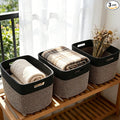 3 Pack Woven Rope Storage Baskets for Shelves,13.5"×11"×9.5" Storage Bins with Handles,Empty Gift Baskets,Nursery Organizer for Toys,Towels,Books,Closet,Living Room,Bedroom (Black&Jute)