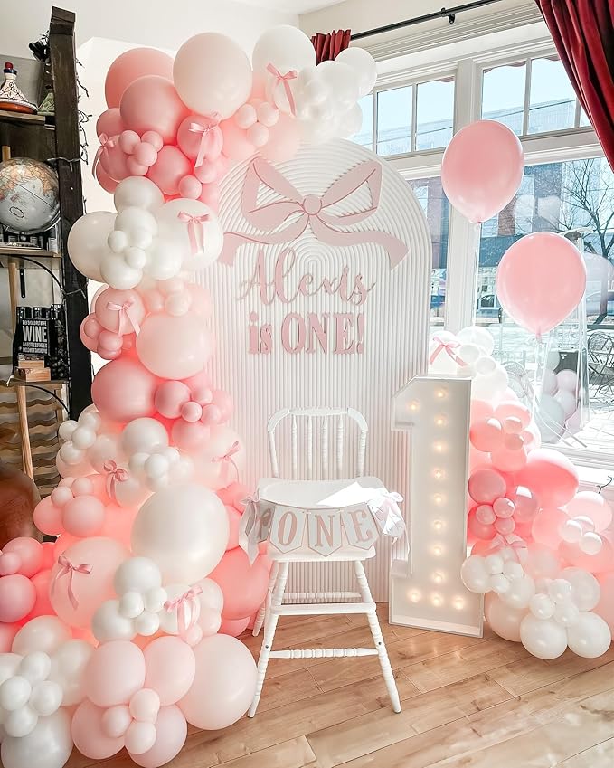 Bow Pink and White Balloon Arch Kit, 102pcs Light Pink White Bow Balloons Difference Sizes Latex Balloons with 16ft Tape Strip & Dot Glue for Pink Bow coquette Birthday Party Decorations