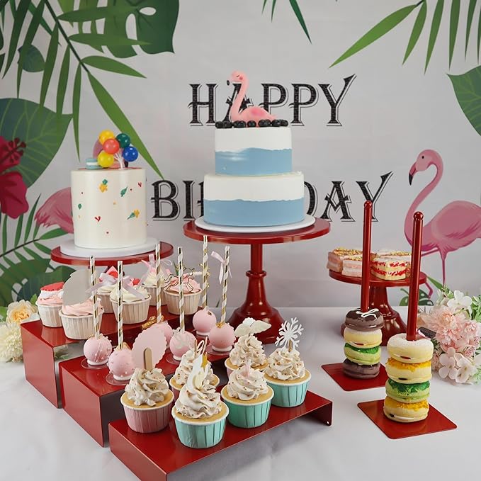Set of 8 Red Cake Stands Donut Holder Round Metal Dessert Display Risers Cupcake Stand Serving Platter for Weddings Birthday Baby Showers Anniversary Party