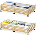 Under Bed Storage Containers With Wheels - 2 Pcs Large Bamboo Wood Rolling Underbed Shoe Storage Bins With Dust Bags for Clothes Blankets, Duvet Covers Snacks Toys (Natural)