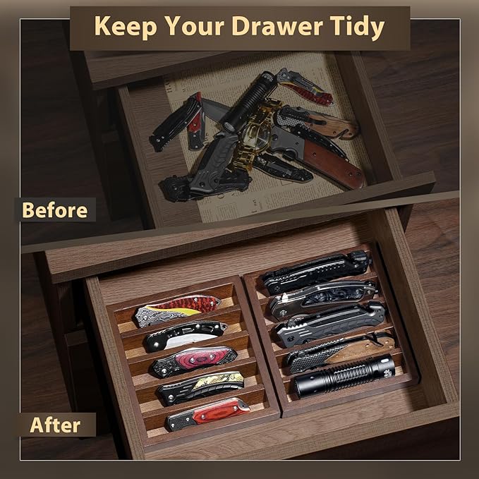 Knife Display Case Knife Holder for Pocket Knife Case Storage, Edc Tray Fits Edc Flashlight (Walnut,2 Pack)