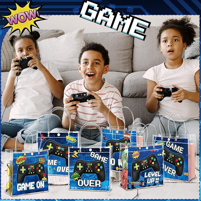 Teenyyou 24 Pcs Video Game Party Favor Bags PVC Clear Goodie Treat Tote Gift Bags with Handles Gaming Theme Birthday Party Supplies