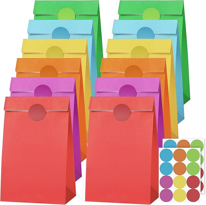 Cooraby 30 Pack Rainbow Gift Bags Candy Paper Bags with Stickers 5.1 x 3.1 x 9.4 Inches Snack Sweet Party Favor Bags for Birthday Wedding Party Anniversaries with 48 Stickers