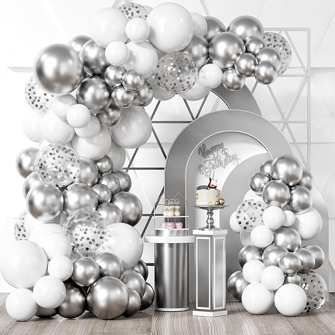 Bezente White Silver Balloon Garland Kit,100Pcs White Silver Metallic Chrome and Silver Confetti Balloons with Balloon Tape for Winter Wonderland Wedding Prom Special Events Party Winter Decor