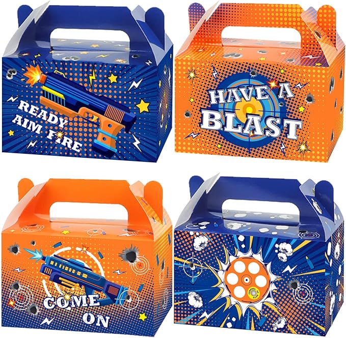 12 Pcs Dart War Party Favor Boxes Dart Battle Goodies Candy Treat Boxes Game Dart Theme Gift Bags for Kids Boys Blue and Orange Birthday Party Baby Shower Decorations Supplies 6 x 3 x 3.5 Inches