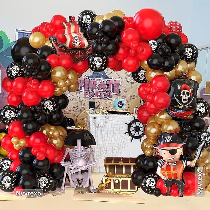 Pirate Birthday Party Decorations, 142Pcs Red Black Metallic Gold Balloon Garland Arch Kit Pirate Ship Foil Mylar Balloon for Halloween Pirate Summer Pool Sea Sailing Adventure Ocean Theme Party