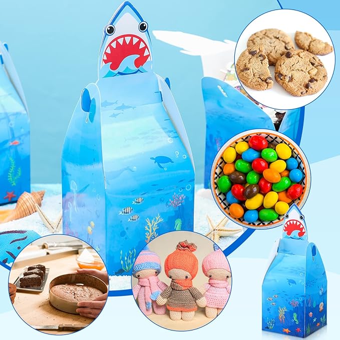 Frienda 50 Pcs Kids Shark Party Favor Treat Boxes Shark Goodie Candy Bags Bulk Shark Birthday Gift Cardboard Boxes Ocean Themed Party Decoration for Kid Cute Sea Shark Party Supplies