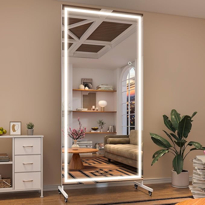 Hasipu Home Gym Mirror with Light 360° Swivel on Wheels, 79" x 32" Extra Large Full Length Rolling LED Mirror for Yoga Studio, Bedroom, Dancing Studio, White