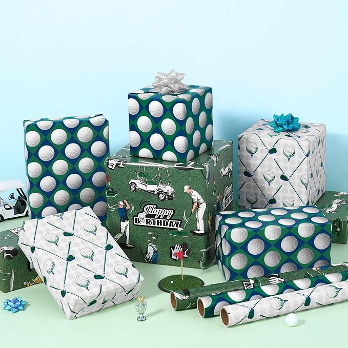 WERNNSAI Golf Wrapping Paper Rolls - 3 Rolls 17” x 10FT Golf Gift Wrap for Dad Men Birthday Father's Day Sport Golfball Golfing Theme Party Retirement Gifts Green Golfball Design