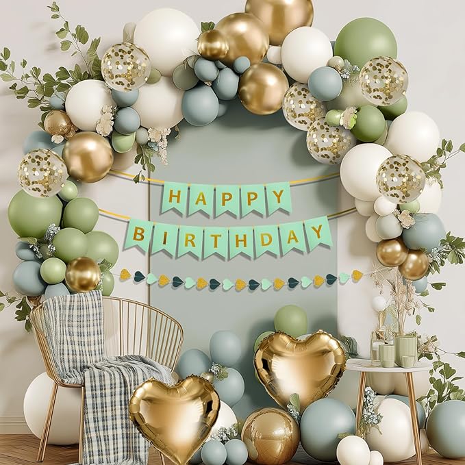 Sage Green Birthday Decorations for Women, Happy Birthday Party Decorations, Happy Birthday Banner, Green Balloons, Foil Fringe Curtains, Tissue Paper Pompoms, Heart Garland, Party Decor for Girls