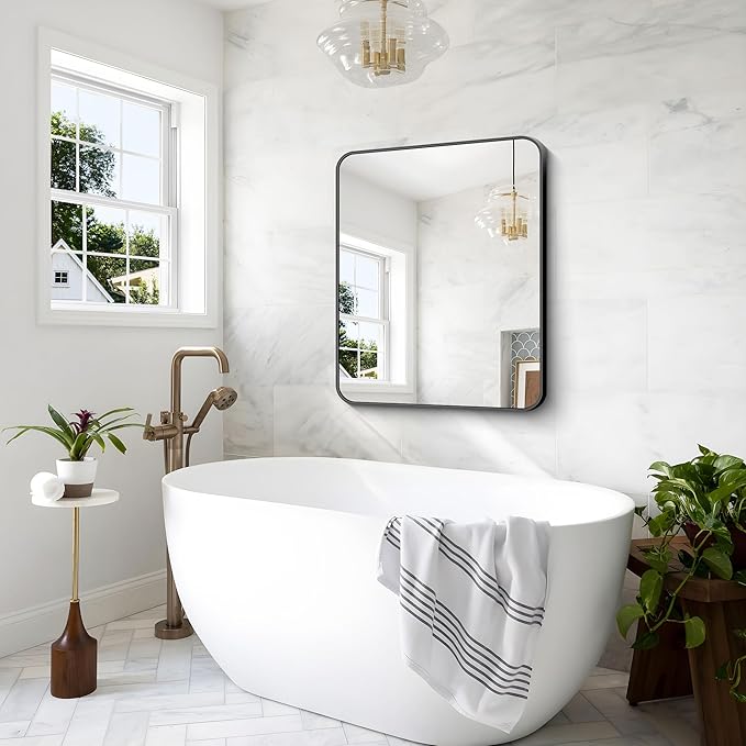 BONEWEI 30x36 inch Bathroom Mirror,Black Rectangle Mirror,Wall Mounted Bathroom Frame Vanity Mirror with Round Corner for Bedroom Living Room, Entryway Hangs Horizontal or Vertical