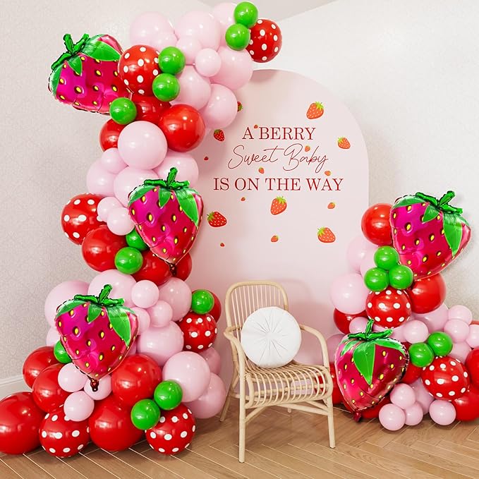 Strawberry Balloon Arch Garland Kit,130Pcs Pink Red Balloons with Large Strawberry Foil Balloon, Red Polka Dot, Green Balloon for Girl Berry First/Sweet One Birthday Party Decoration