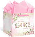 Extra Large Baby Girl Gift Bags - Pink Floral Baby Shower Square Gift Bag A Sweet Little Girl is on the Way Wrapping Paper Bag for Newborn Congratulations Gifts Gender Reveal Party Favors Decor