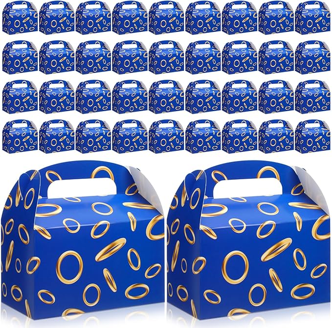 Marspark 36 Pack Blue with Gold Ring Party Favor Treat Boxes with Handles Theme Paper Goodie Candy Gift Gable Boxes for Video Game Birthday Party Decorations(Blue and Golden)