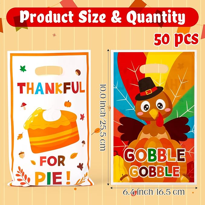 Haooryx Thanksgiving Day Turckey Favor Bag - 50Pcs Gobble Turckey Plastic Gift Goodie Candy Treat Bag Gift Wrapping Decoration for Thanksgiving Dinner Party Kid Birthday Baby Shower Party Favor Supply